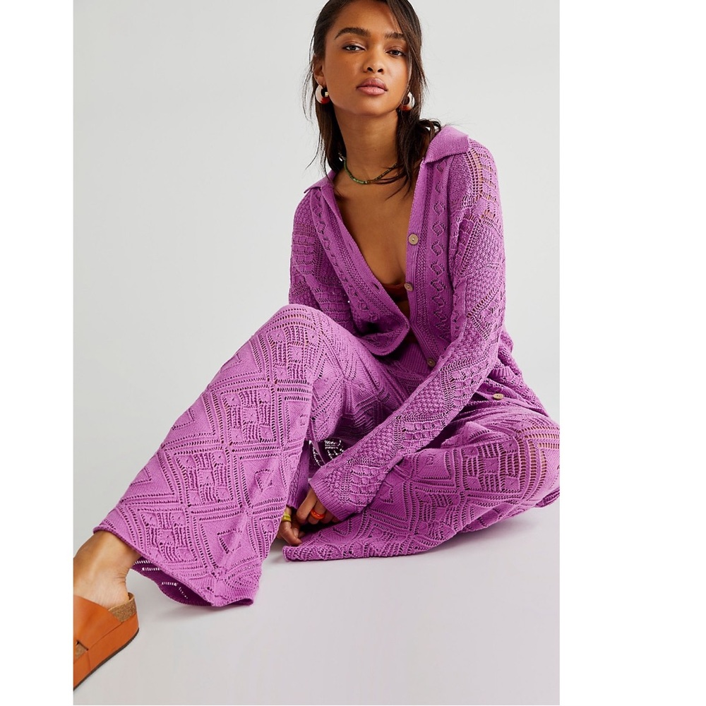 Free People Get Away Fauxchet Crochet Cardigan & Pants Lounge Set L